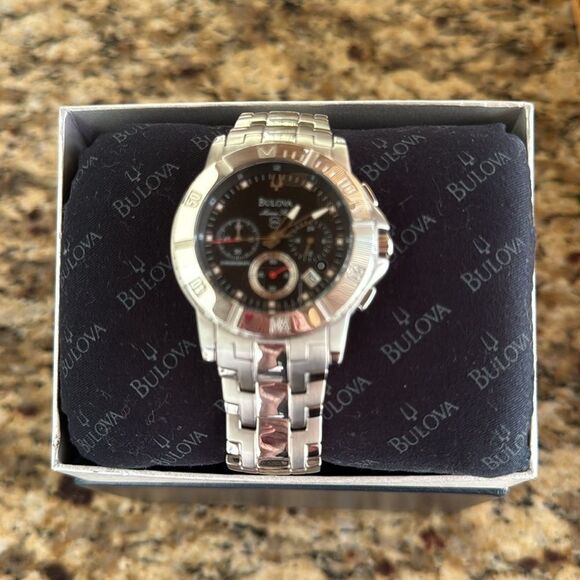 Bulova Men's Marine Star Chronograph Quartz Watch Calendar 96G51 Black Dial - Picture 7 of 9